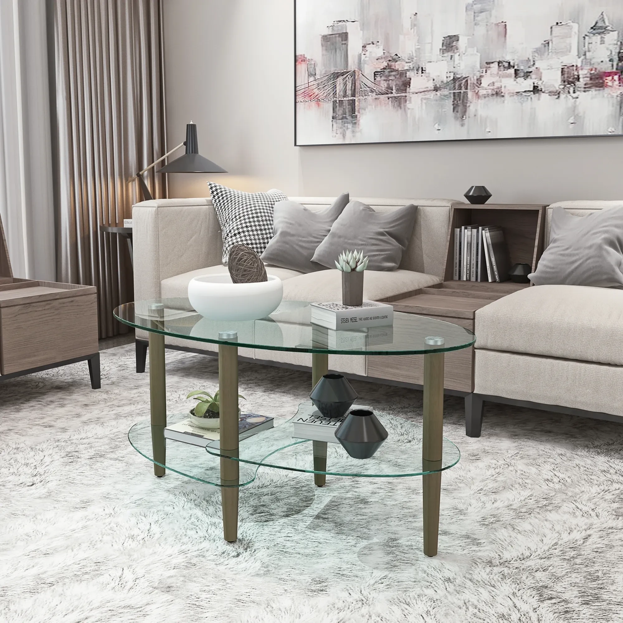 Transparent Oval Glass Coffee Table, Modern Living Room Table, Oak Leg Coffee Table, Three-layer Glass Table