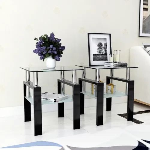 Set Of 2, Modern Tempered Glass Tea Table Coffee Table End Table, Square Table For Living Room, Transparent Black