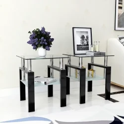 Set Of 2, Modern Tempered Glass Tea Table Coffee Table End Table, Square Table For Living Room, Transparent Black