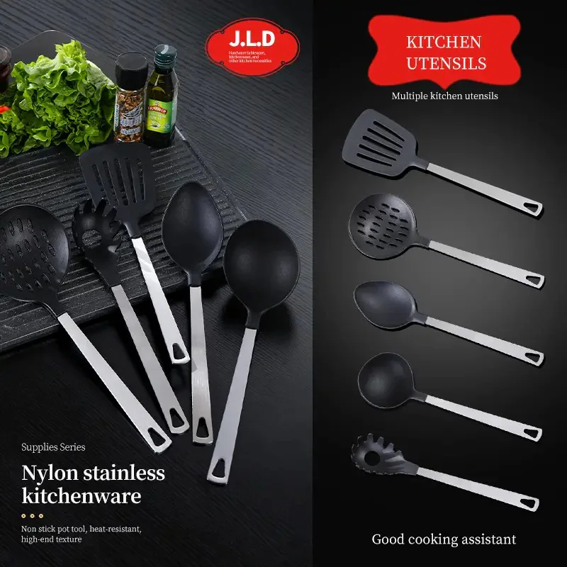 Cooking Utensil Set Premium 5 Piece Kitchen Utensil Set - Stainless Steel Handle And Nylon Faucet, Non-Stick, Heat Resistant, For Home, Kitchen Gift