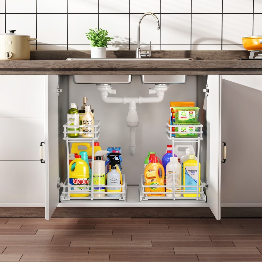2 Pack, Metal Pull Out Cabinet Organizer, Kitchen Bathroom Organizer And Storage Rack With Sliding Drawers, Storage Rack, Storage And Organization For Home, Laundry Room, RV, Pantry, Spices