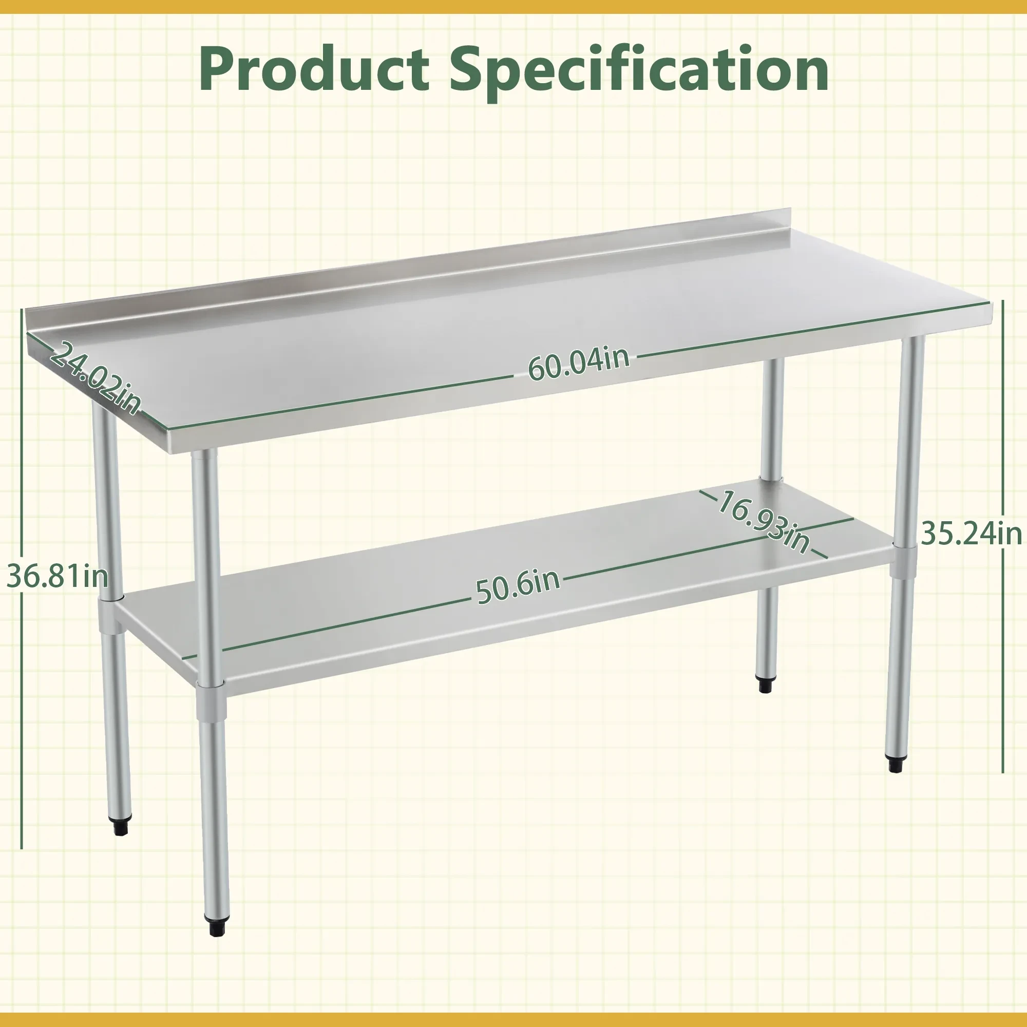 Stainless Steel Prep Table With Adjustable Undershelf And Galvanized Legs, Heavy-Duty Commercial Work Table For Kitchen, Home, Restaurant, And Hotel Use