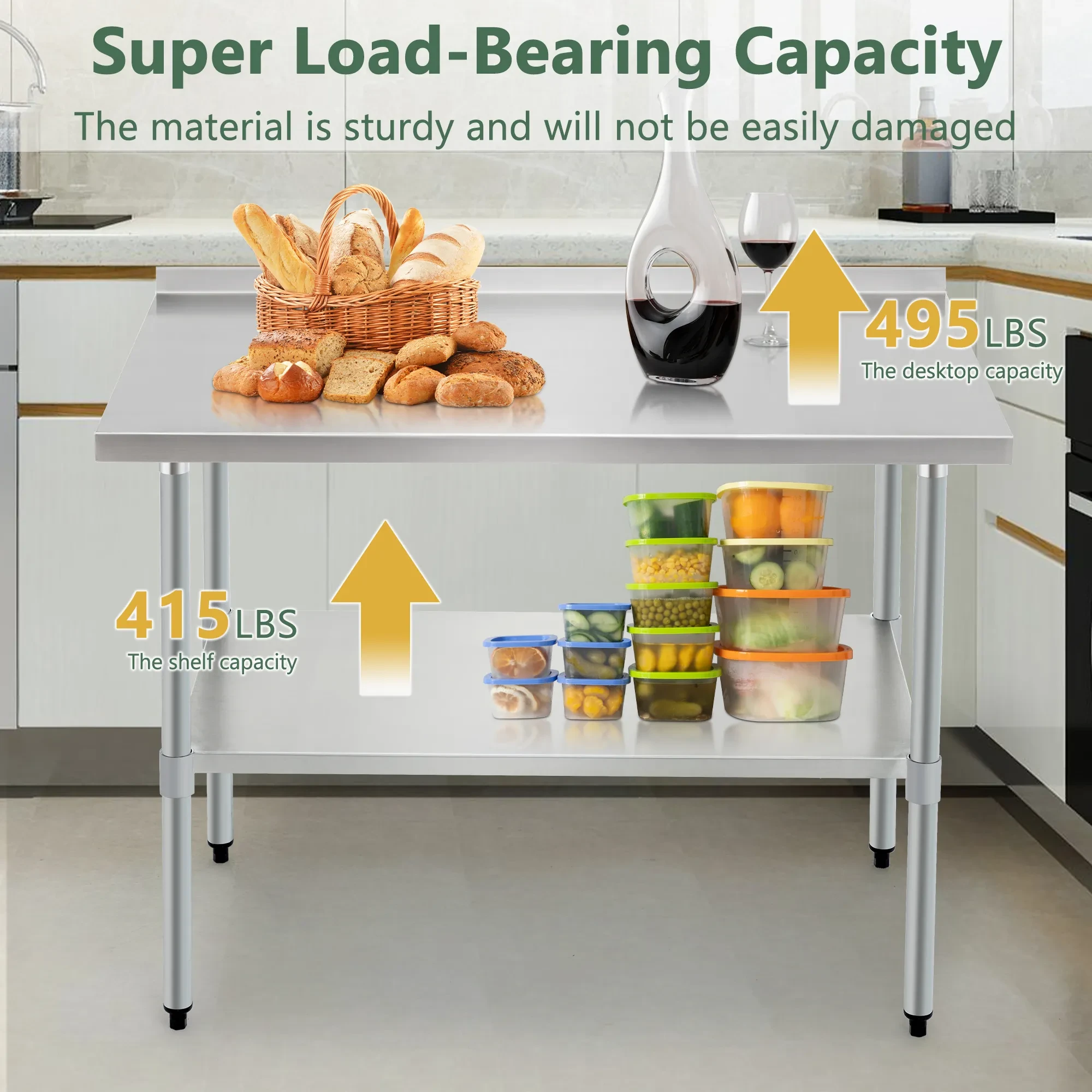 Stainless Steel Prep Table With Adjustable Undershelf And Galvanized Legs, Heavy-Duty Commercial Work Table For Kitchen, Home, Restaurant, And Hotel Use
