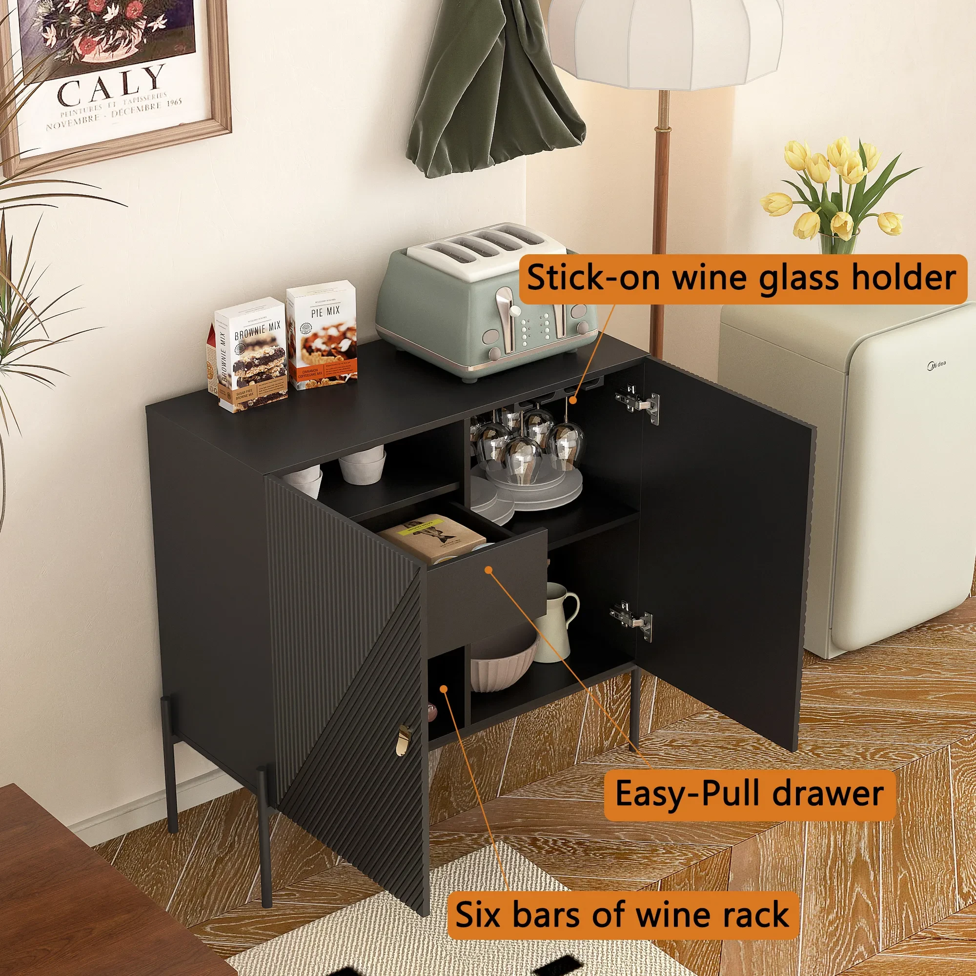 Sideboards Buffets Cabinet Home Coffee Bar Cabinet,with Drawers,2 Cabinets And 6-Bottle Wine Rack For Living Room Or Kitchen Dining Room Home Decor Black