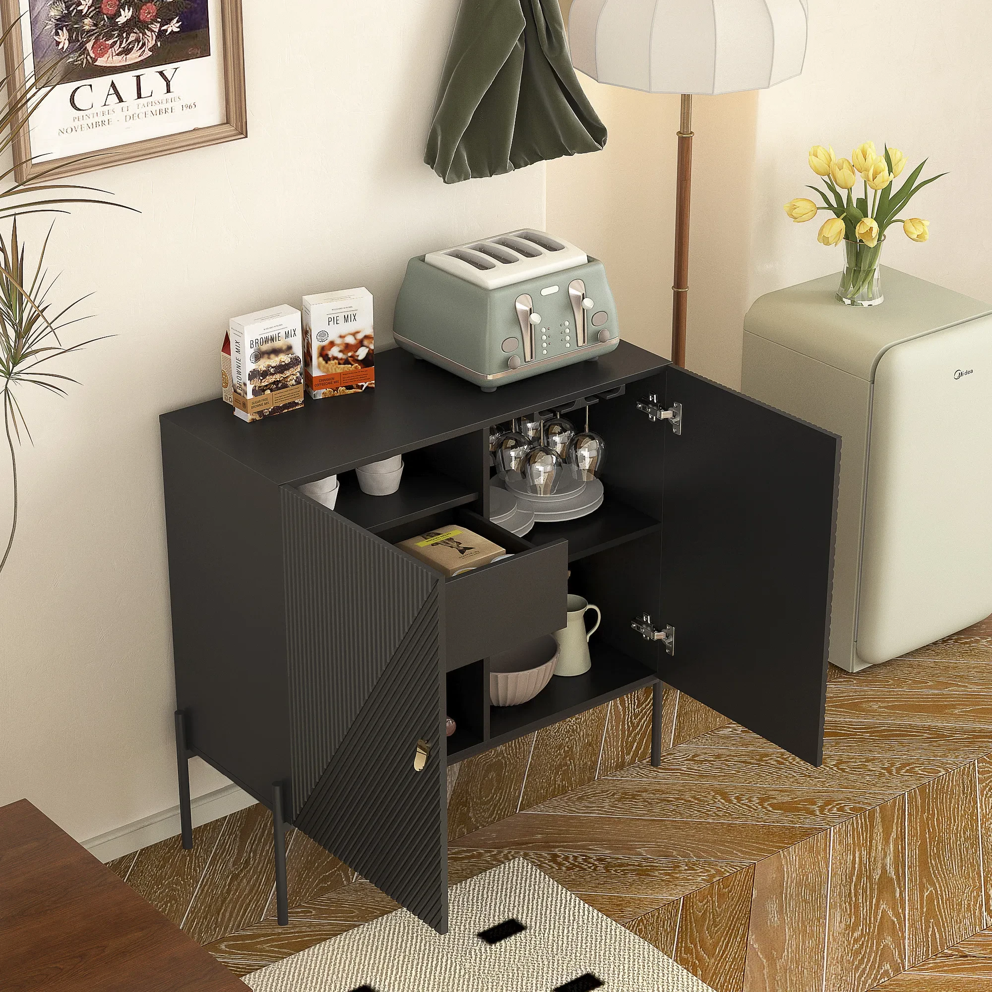 Sideboards Buffets Cabinet Home Coffee Bar Cabinet,with Drawers,2 Cabinets And 6-Bottle Wine Rack For Living Room Or Kitchen Dining Room Home Decor Black