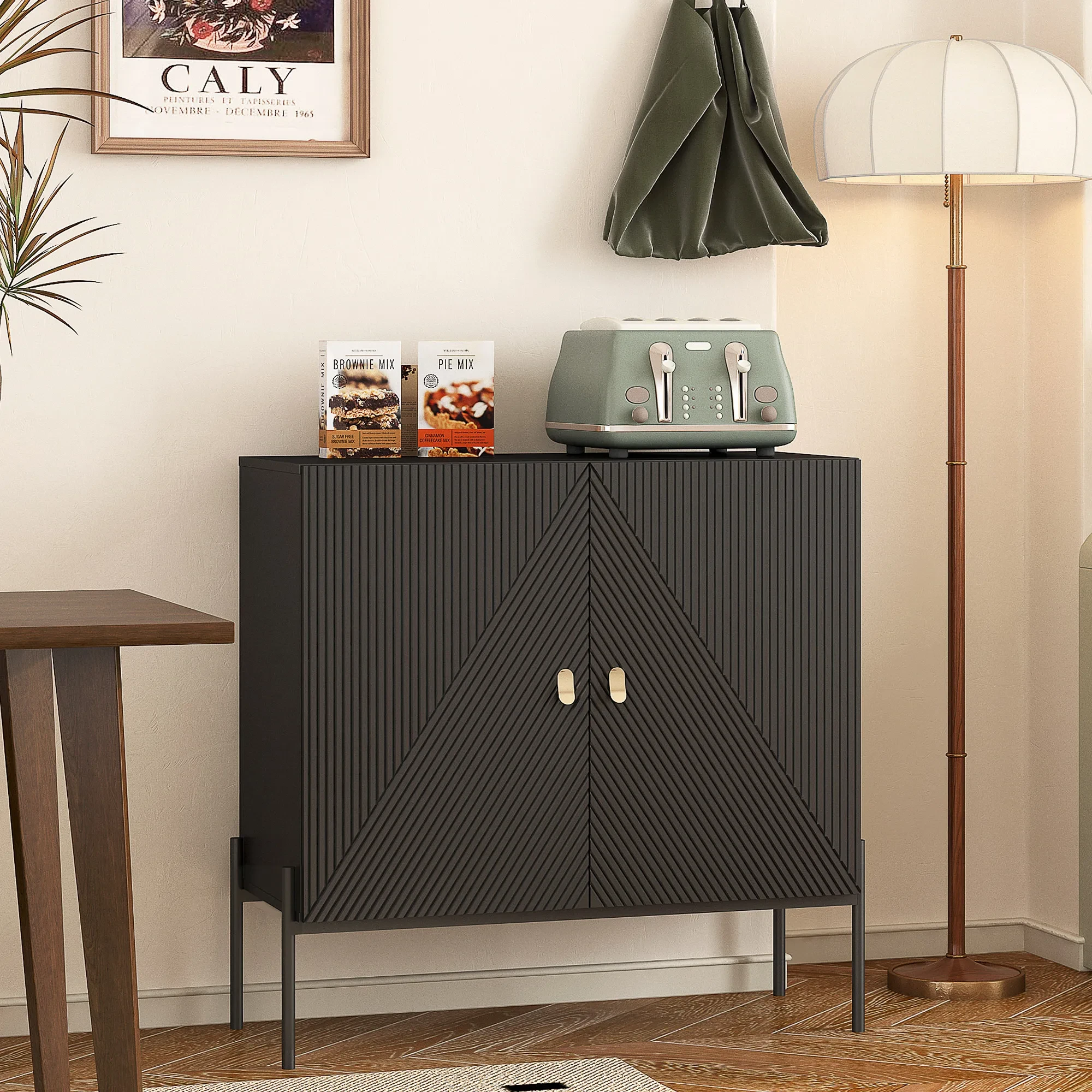 Sideboards Buffets Cabinet Home Coffee Bar Cabinet,with Drawers,2 Cabinets And 6-Bottle Wine Rack For Living Room Or Kitchen Dining Room Home Decor Black
