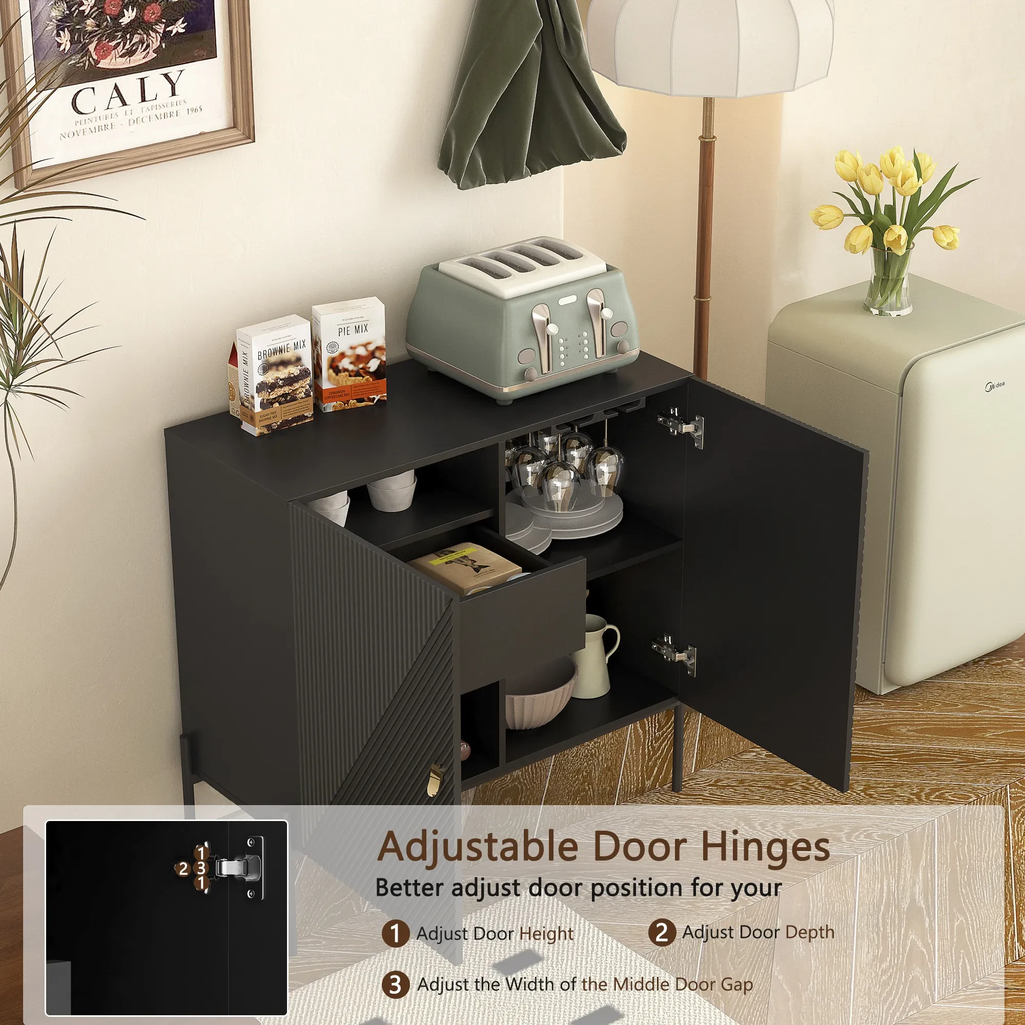 Sideboards Buffets Cabinet Home Coffee Bar Cabinet,with Drawers,2 Cabinets And 6-Bottle Wine Rack For Living Room Or Kitchen Dining Room Home Decor Black