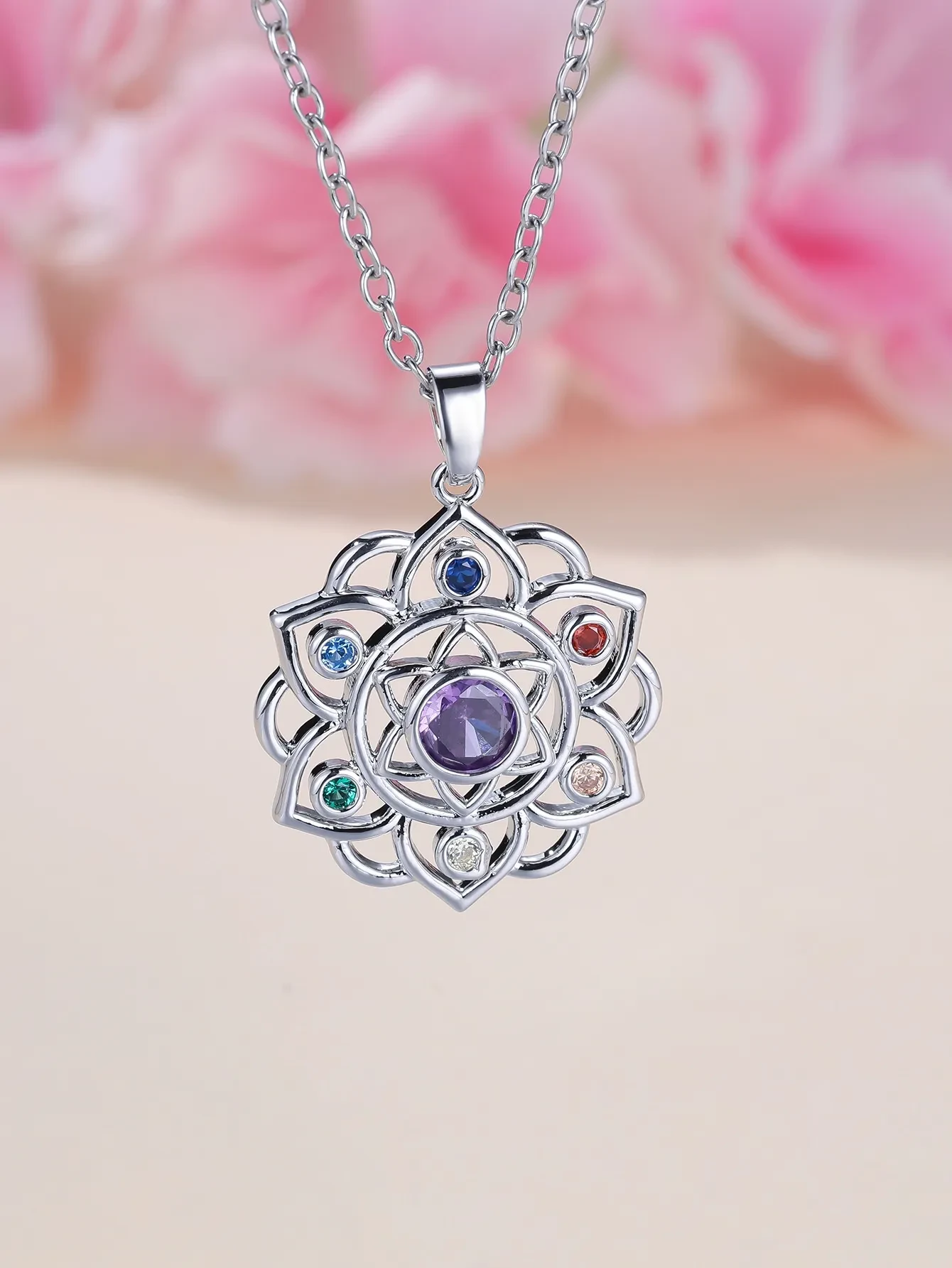 Round Purple Edge Colorful Lotus Necklace