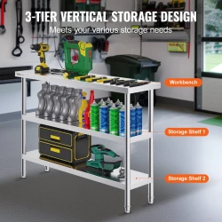 VEVOR Stainless Steel Food Prep Table, 14 X 48 X 34 Inch Commercial Kitchen Worktable, With 2 Adjustable Undershelf, Heavy Duty Prep Table Metal Work Table For BBQ, Kitchen, Home, And Garage