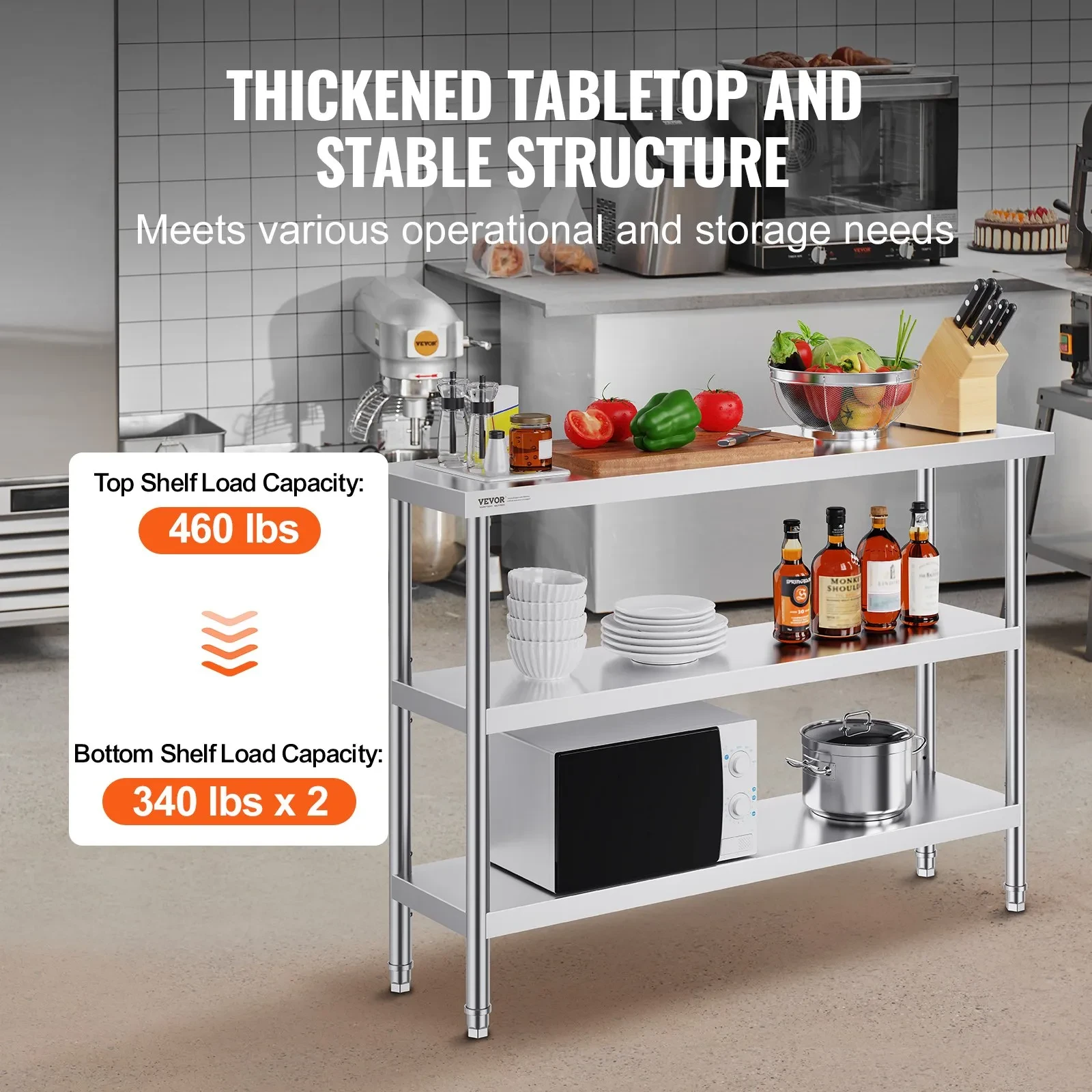 VEVOR Stainless Steel Food Prep Table, 14 X 48 X 34 Inch Commercial Kitchen Worktable, With 2 Adjustable Undershelf, Heavy Duty Prep Table Metal Work Table For BBQ, Kitchen, Home, And Garage