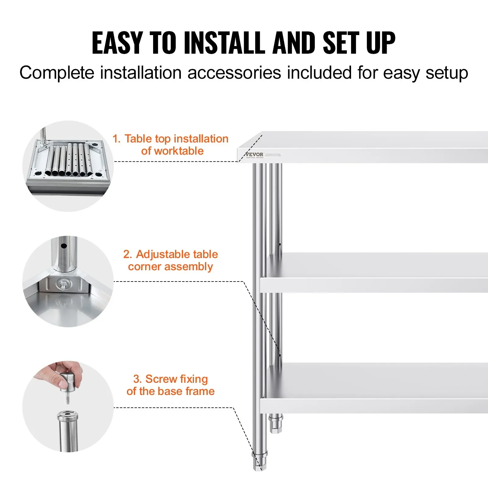 VEVOR Stainless Steel Food Prep Table, 14 X 48 X 34 Inch Commercial Kitchen Worktable, With 2 Adjustable Undershelf, Heavy Duty Prep Table Metal Work Table For BBQ, Kitchen, Home, And Garage