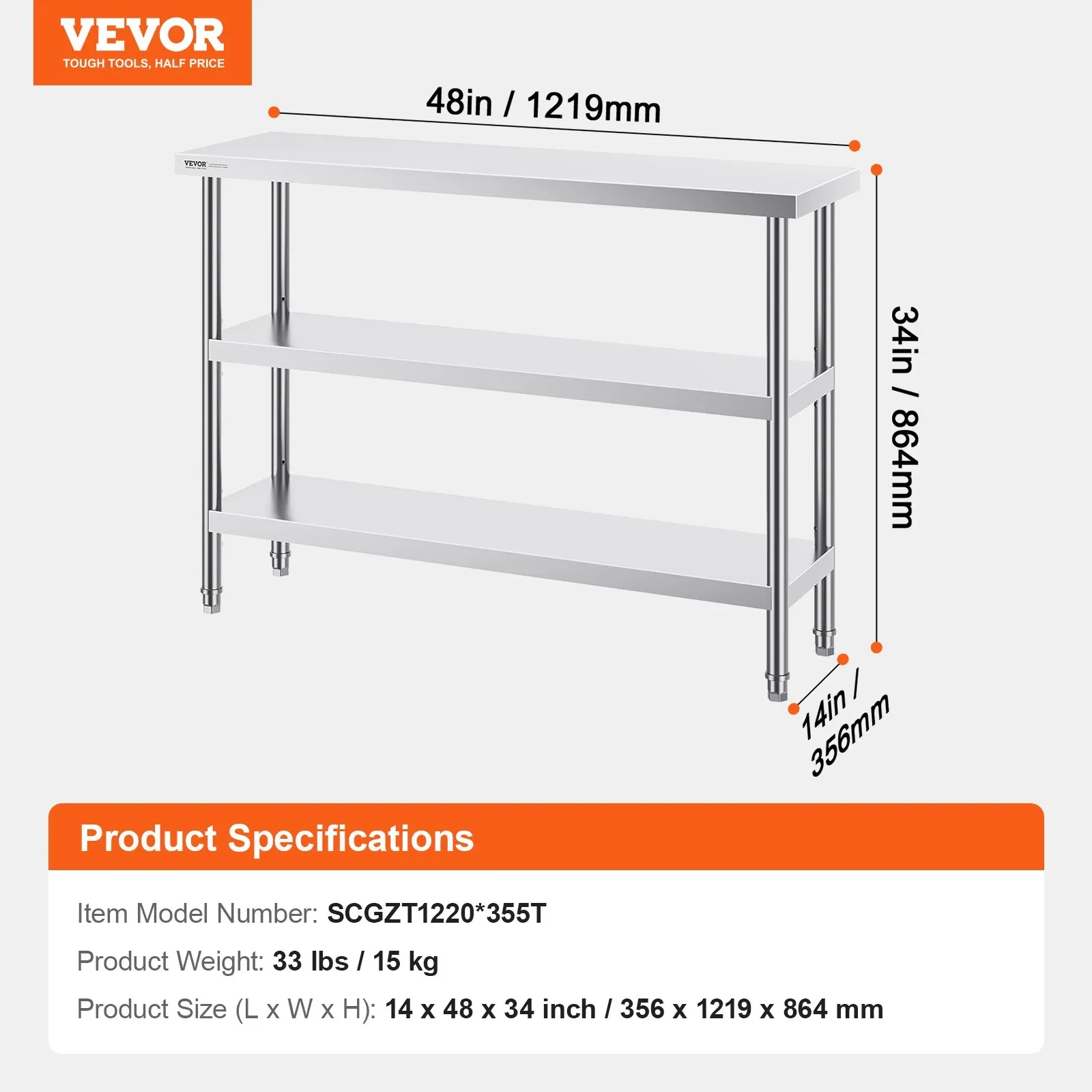 VEVOR Stainless Steel Food Prep Table, 14 X 48 X 34 Inch Commercial Kitchen Worktable, With 2 Adjustable Undershelf, Heavy Duty Prep Table Metal Work Table For BBQ, Kitchen, Home, And Garage