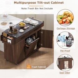 K&K Kitchen Island With Trash Can Storage Cabinet, Kitchen Cart With Drop Leaf, Spice Rack, Towel Ra