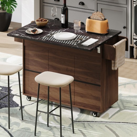 K&K Kitchen Island With Trash Can Storage Cabinet, Kitchen Cart With Drop Leaf, Spice Rack, Towel Ra