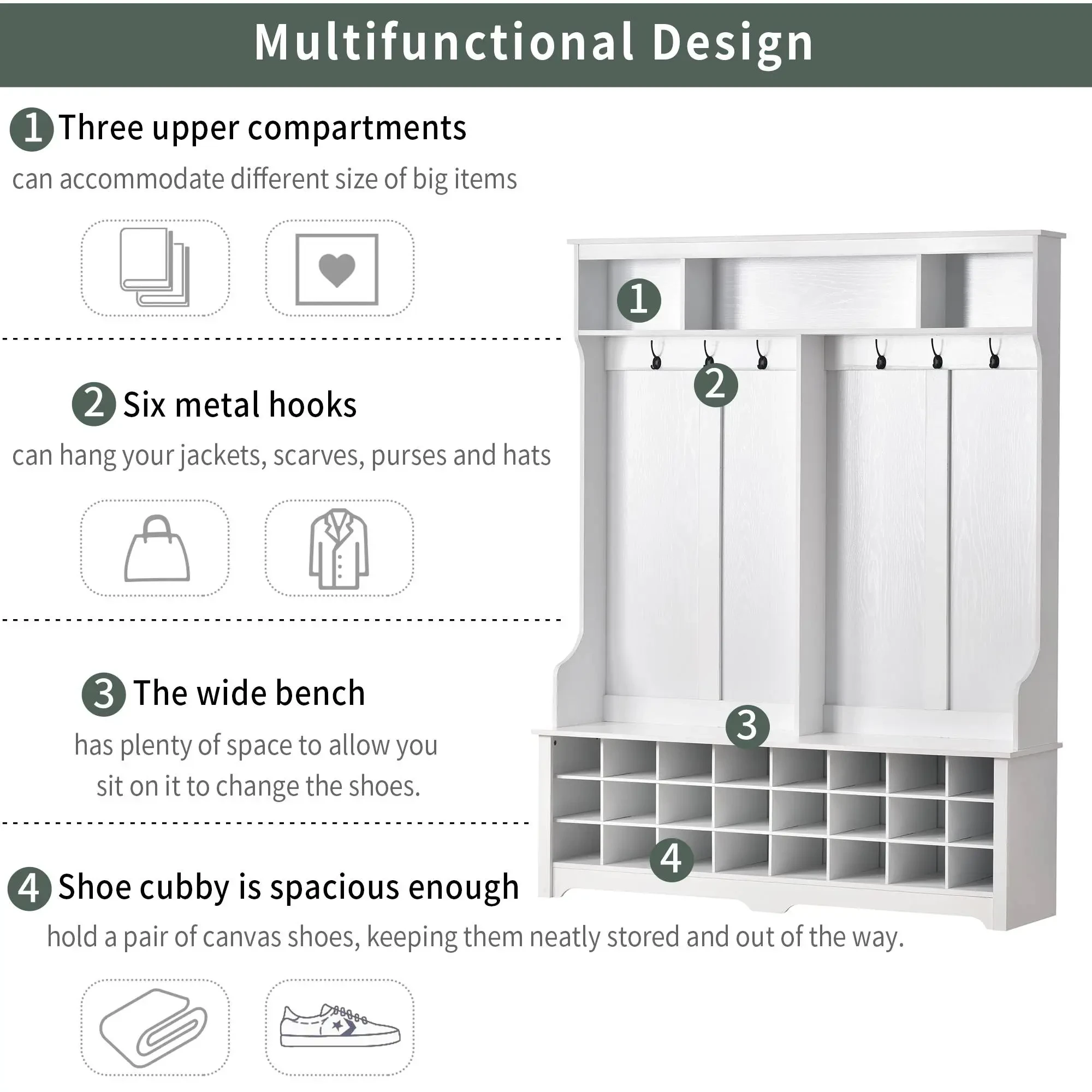 Modern Style Multiple Functions Hallway Coat Rack With Metal Black Hooks