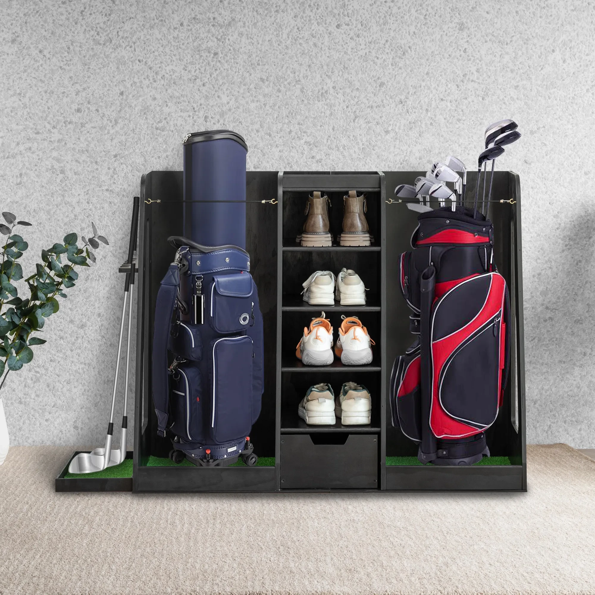 55.5 L X 16 W X 37 H In Wooden Golf Bag Organizer And Storage Rack,High Quality Wooden 2 Golf Bag Rack With Drawers,Easy To Assemble Golf Club Holder Stand With Club Holders On Side,Black