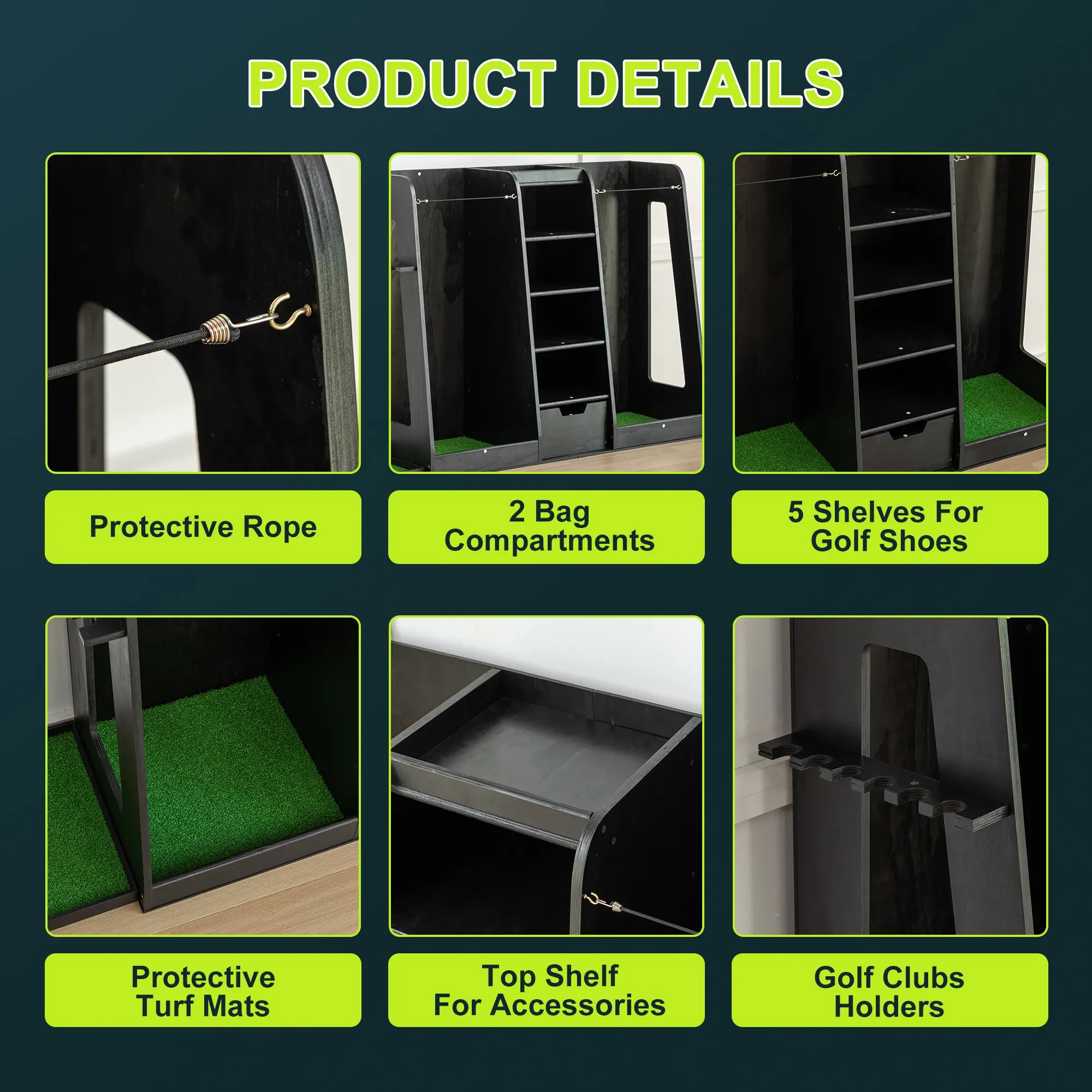 55.5 L X 16 W X 37 H In Wooden Golf Bag Organizer And Storage Rack,High Quality Wooden 2 Golf Bag Rack With Drawers,Easy To Assemble Golf Club Holder Stand With Club Holders On Side,Black