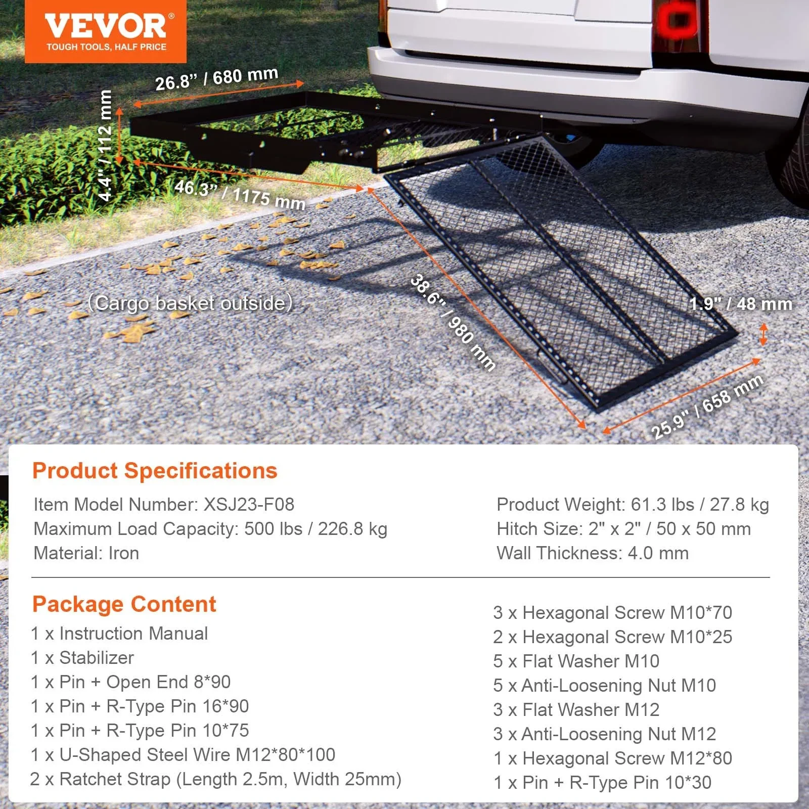 VEVOR Hitch Mount Cargo Carrier, Iron Hitch Cargo Rack With Folding Ramp, Hitch Rack Basket With Stabilizer And Straps, 500LBS Mobility Scooter Carrier Fit Hitch Receiver