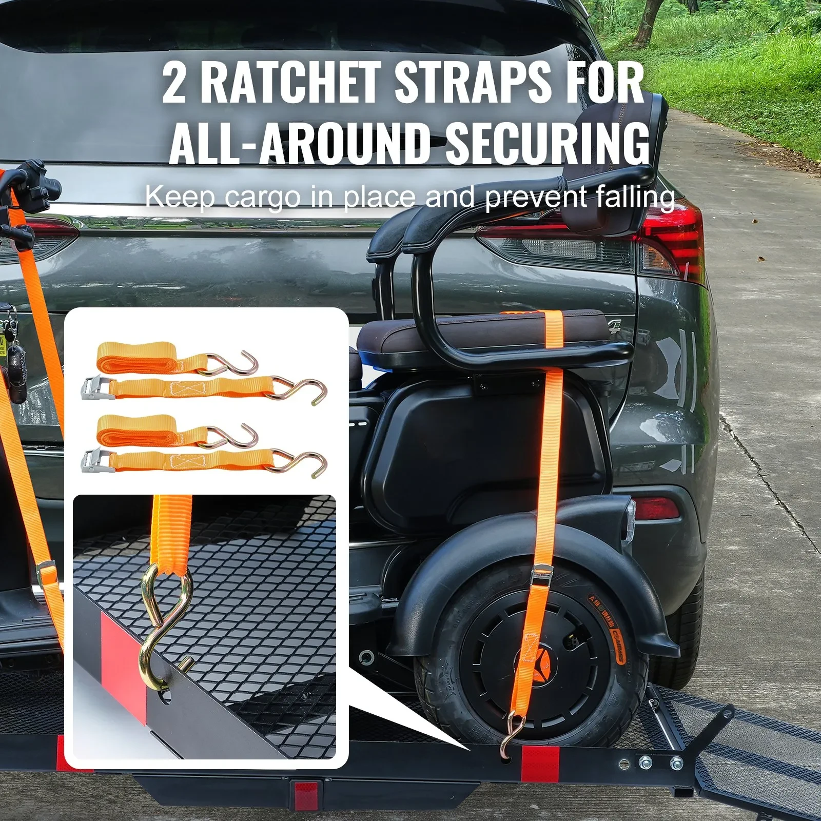 VEVOR Hitch Mount Cargo Carrier, Iron Hitch Cargo Rack With Folding Ramp, Hitch Rack Basket With Stabilizer And Straps, 500LBS Mobility Scooter Carrier Fit Hitch Receiver