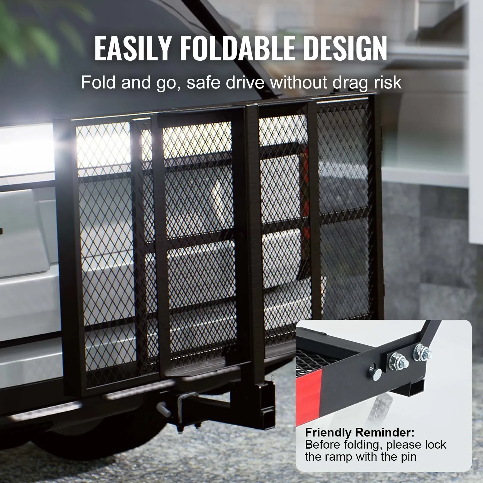 VEVOR Hitch Mount Cargo Carrier, Iron Hitch Cargo Rack With Folding Ramp, Hitch Rack Basket With Stabilizer And Straps, 500LBS Mobility Scooter Carrier Fit Hitch Receiver