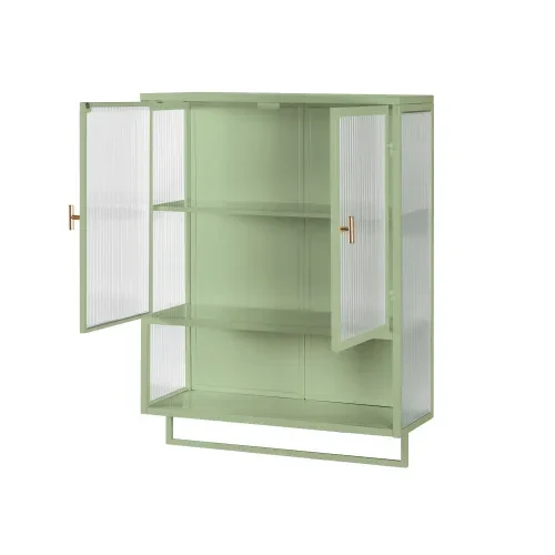 23.62Glass Doors Modern Two-door Wall Cabinet With Featuring Two-tier Enclosed Storage, An Open Shelf, And Towel Rack, For Entryway Living Room Bathroom Dining Room,Green