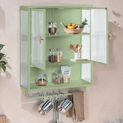 23.62Glass Doors Modern Two-door Wall Cabinet With Featuring Two-tier Enclosed Storage, An Open Shelf, And Towel Rack, For Entryway Living Room Bathroom Dining Room,Green