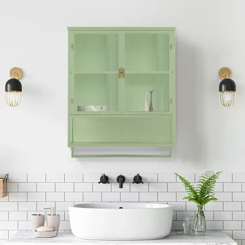 23.62Glass Doors Modern Two-door Wall Cabinet With Featuring Two-tier Enclosed Storage, An Open Shelf, And Towel Rack, For Entryway Living Room Bathroom Dining Room,Green