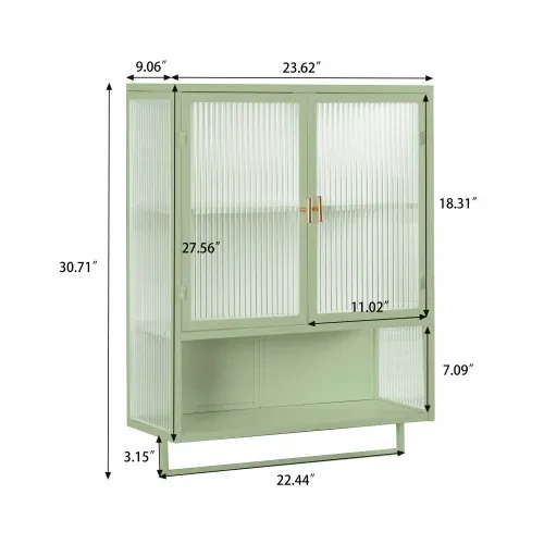 23.62Glass Doors Modern Two-door Wall Cabinet With Featuring Two-tier Enclosed Storage, An Open Shelf, And Towel Rack, For Entryway Living Room Bathroom Dining Room,Green