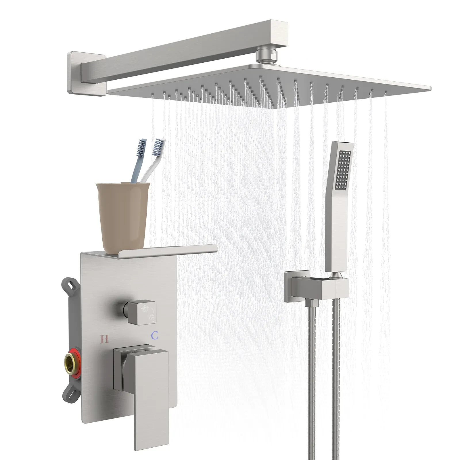 Rainfall Shower System With Storage Rack 10 Inch Shower Faucet Set Brushed Nickel With High Pressure With Square Shower Head Luxury Shower Set Wall Mount