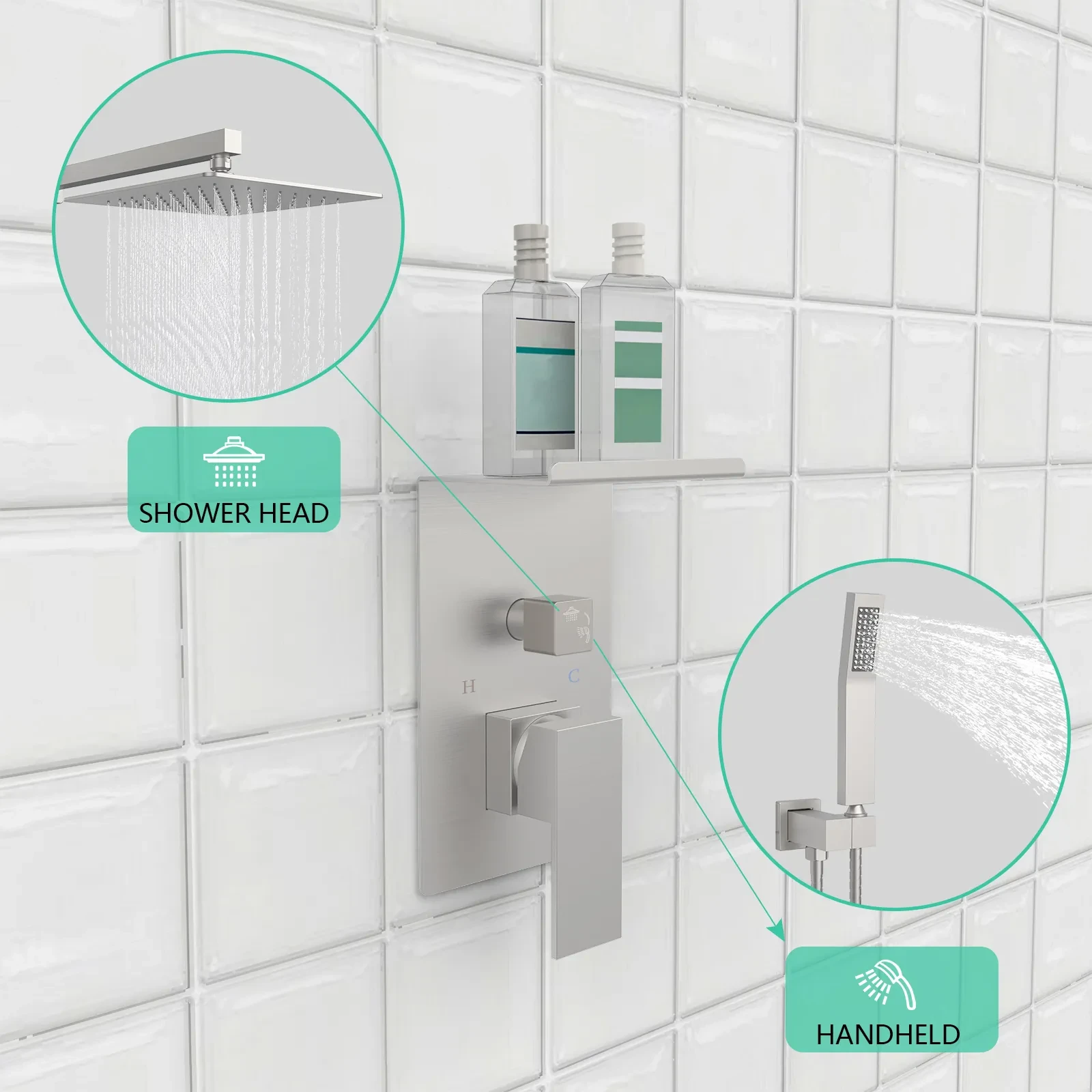 Rainfall Shower System With Storage Rack 10 Inch Shower Faucet Set Brushed Nickel With High Pressure With Square Shower Head Luxury Shower Set Wall Mount