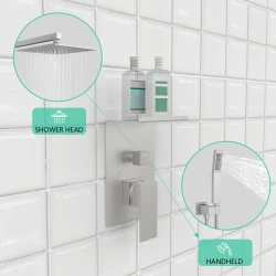 Rainfall Shower System With Storage Rack 10 Inch Shower Faucet Set Brushed Nickel With High Pressure With Square Shower Head Luxury Shower Set Wall Mount