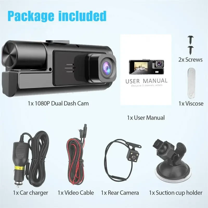 Dash Cam Car HD 1080P Front Rear Inside Dual Lens Video Recorder Camera G-Sensor
