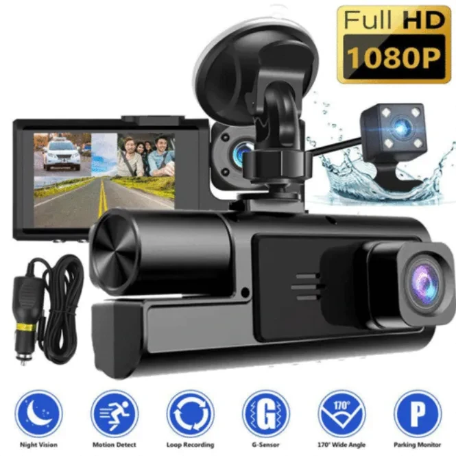 Dash Cam Car HD 1080P Front Rear Inside Dual Lens Video Recorder Camera G-Sensor