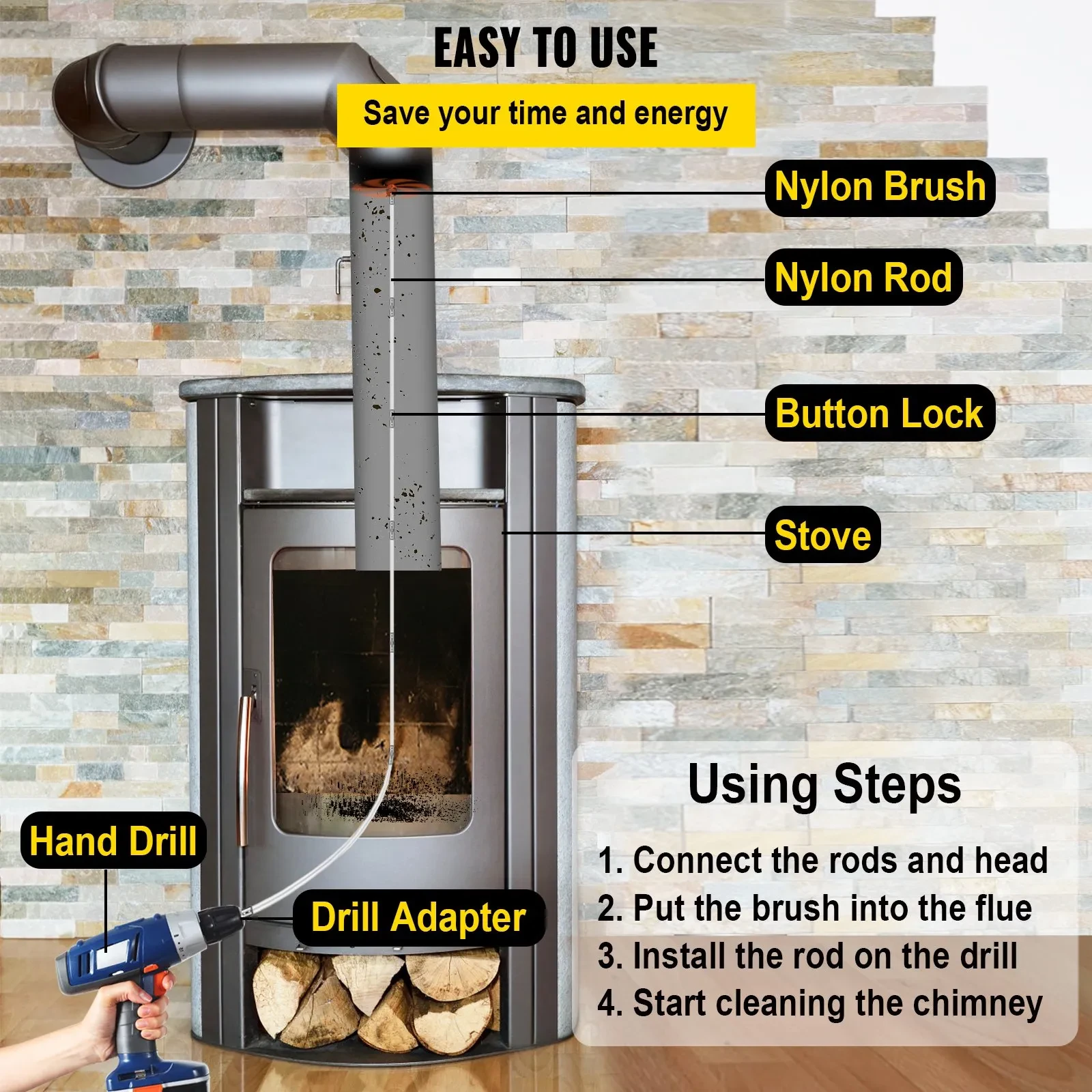 VEVOR Chimney Sweep Kit 26FT Length, Chimney Cleaning Tool Kits With 8 Nylon Flexible Rods, Chimney Brush Kit Driven By Drill For Sweeping Fireplace