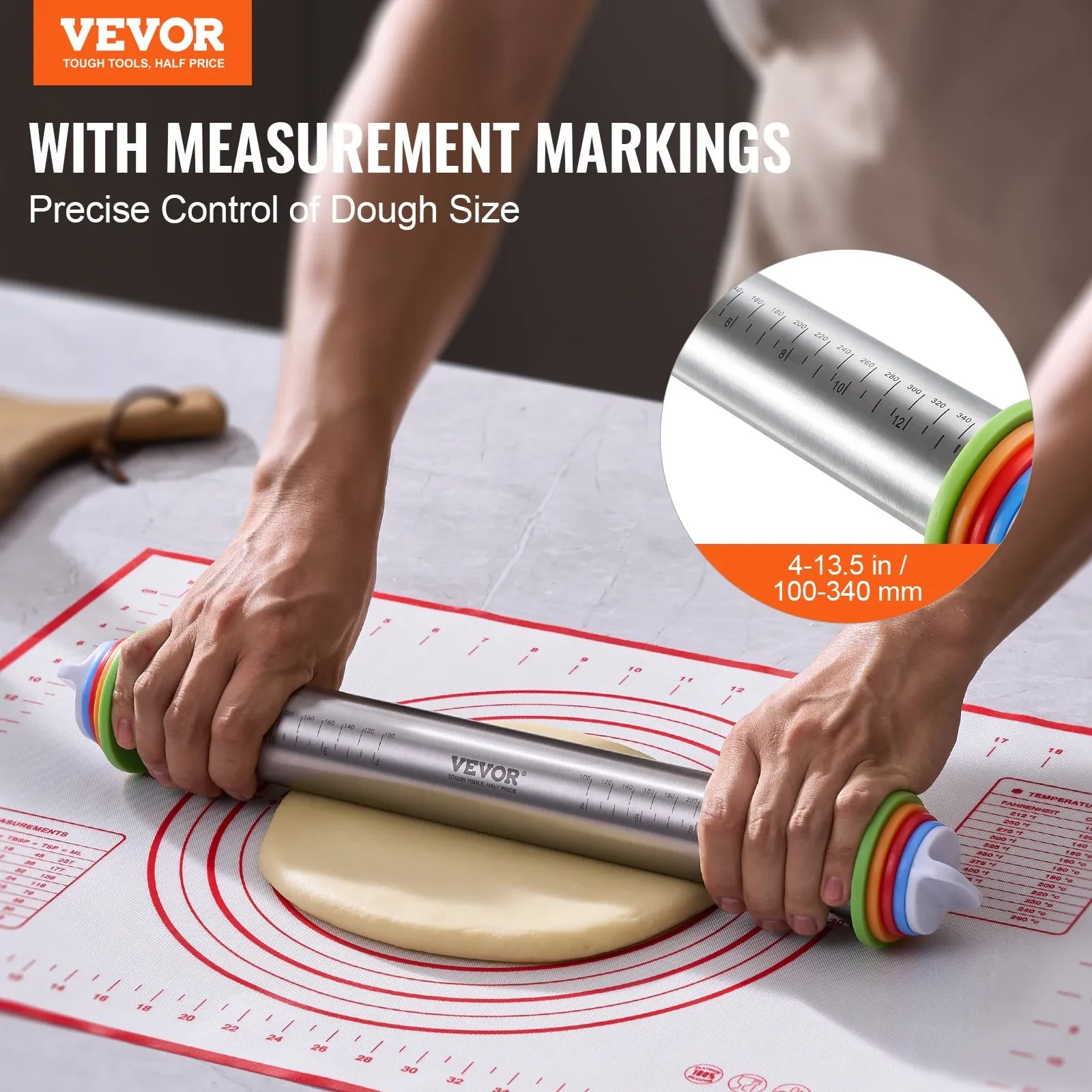 Adjustable Rolling Pin Stainless Steel With Thickness Rings And Baking Mat