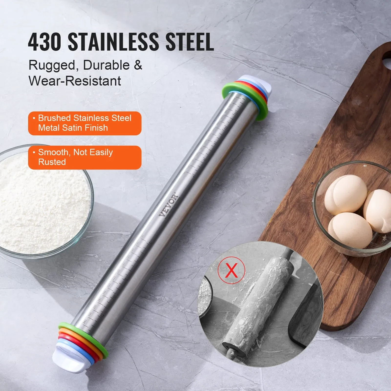 Adjustable Rolling Pin Stainless Steel With Thickness Rings And Baking Mat