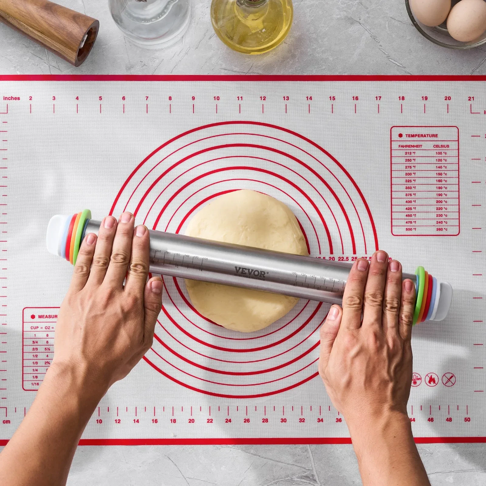 Adjustable Rolling Pin Stainless Steel With Thickness Rings And Baking Mat