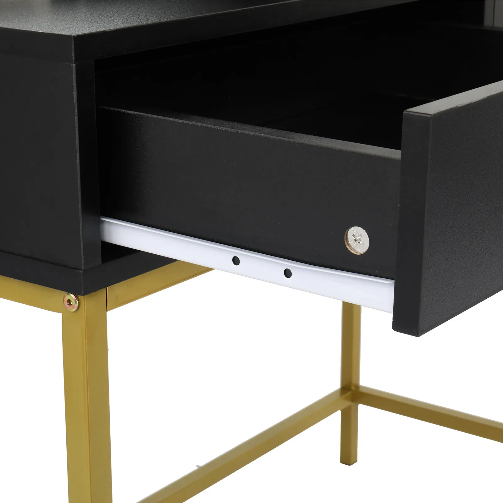 Black, Particleboard, Steel Frame, Two-drawer, Three-tier Shelf, Dressing Table Set, Three-tone Light, Light Luxury