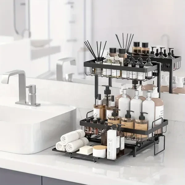 Organizer 2 Tier Slide Out Under Sink Shelf Cabinet Storage Shelf Under Sink Storage For Kitchen Bathroom Metal L-Shape