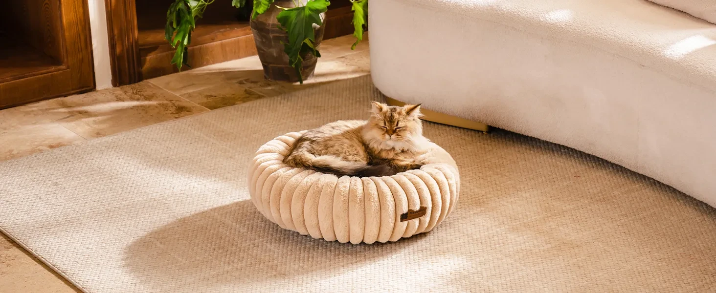 MEWOOFUN Donut Cat Bed - Washable Round Pet Bed For Indoor Cats & Kittens, Fluffy Non-Slip Calming Bed For Puppies, Grey