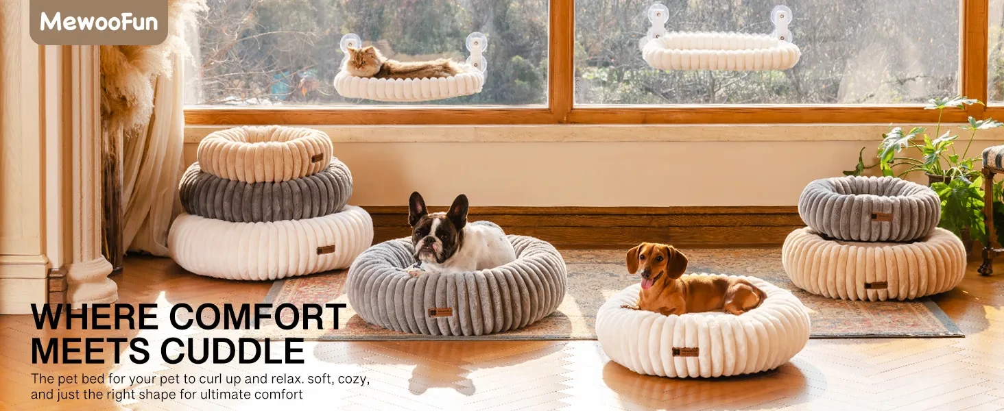 MEWOOFUN Donut Cat Bed - Washable Round Pet Bed For Indoor Cats & Kittens, Fluffy Non-Slip Calming Bed For Puppies, Grey