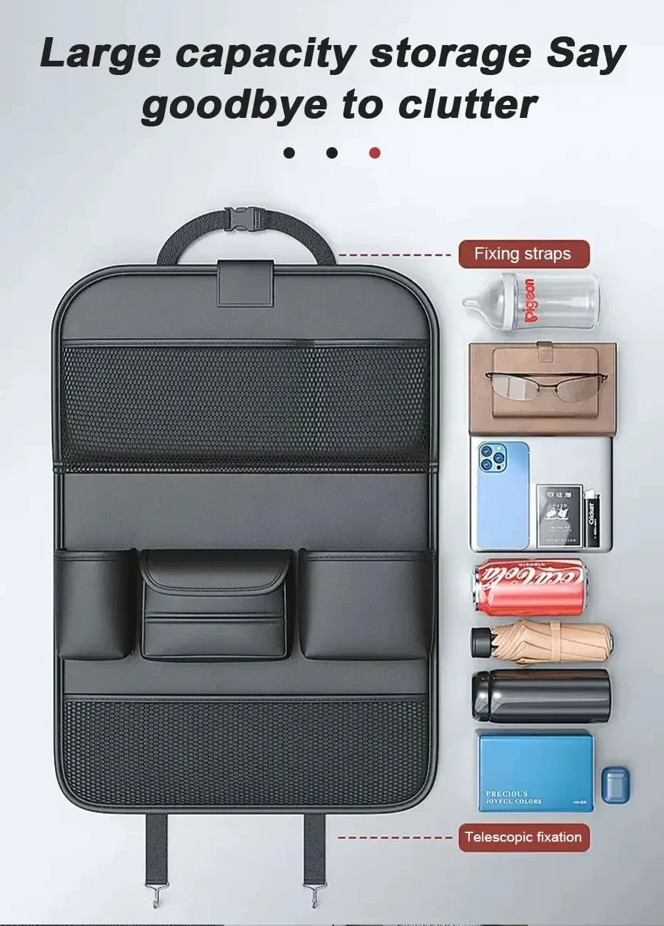 Car Seat Storage Bag Auto Back Seat Back Organizer With Foldable Table Tray PU Leather Tablet Holder Tissue Box Car Accessories