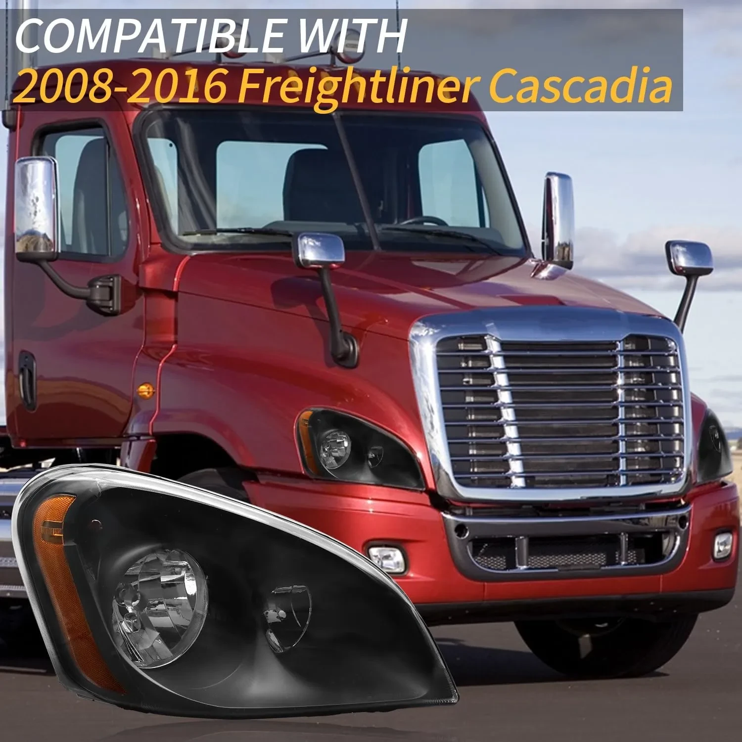 Headlights Freightliner Cascadia,Black Housing Headlamps,Left And Right Pair Set, Including Halogen Bulbs