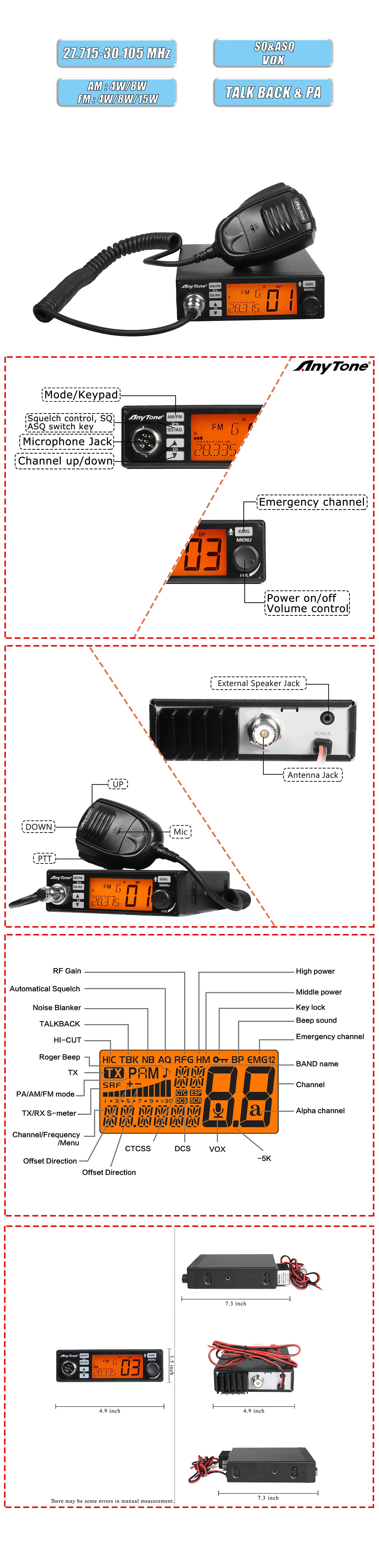 Anytone AT-500M VOX CB Radio AMFM 27Mhz Truck Radio AMFM P