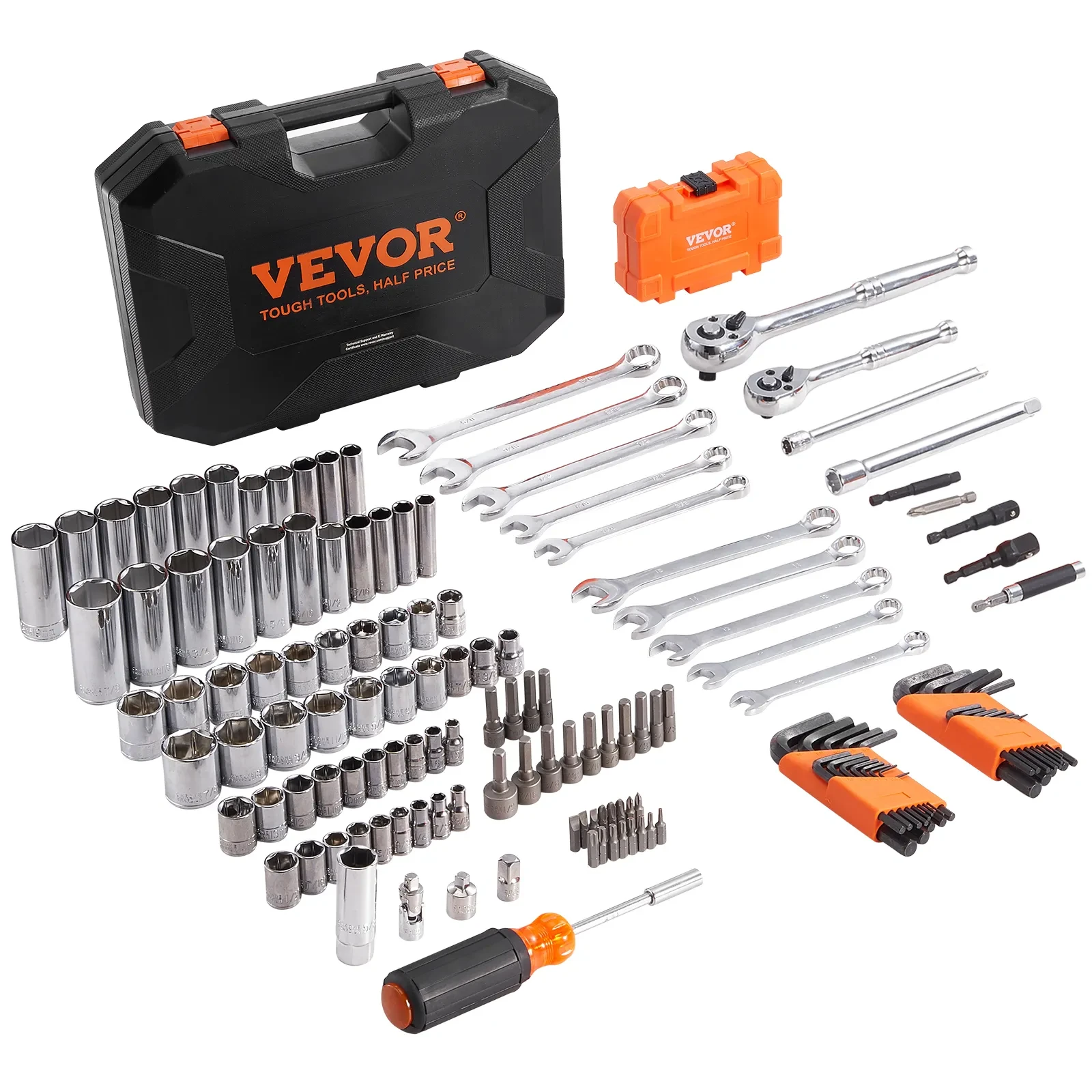 VEVOR Mechanics Tool Set And Socket Set, Drive Deep And Standard Sockets, 145 Pcs SAE And Metric Mechanic Tool Kit With Bits, Combination Wrench, Hex Wrenches, Accessories, Storage Case