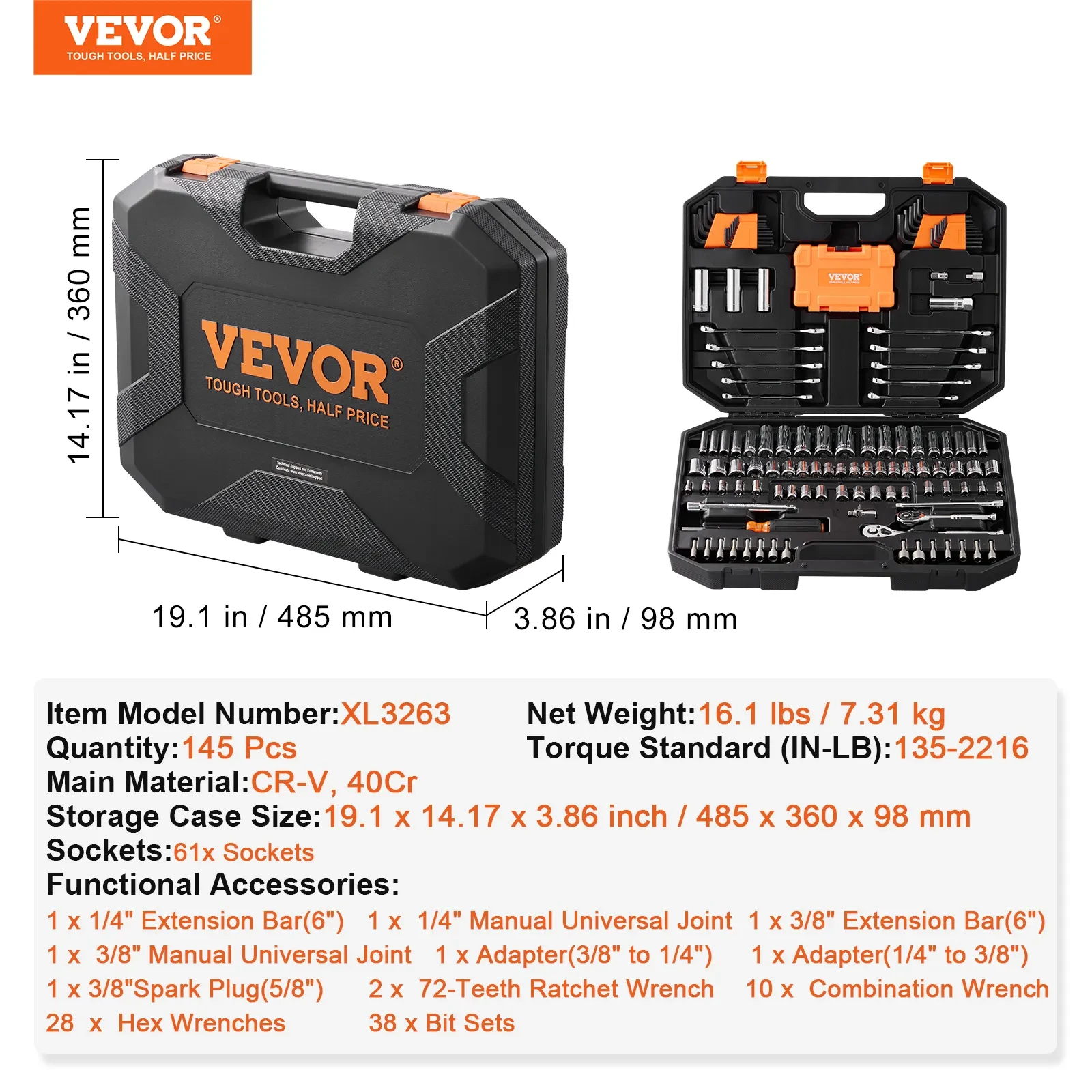 VEVOR Mechanics Tool Set And Socket Set, Drive Deep And Standard Sockets, 145 Pcs SAE And Metric Mechanic Tool Kit With Bits, Combination Wrench, Hex Wrenches, Accessories, Storage Case
