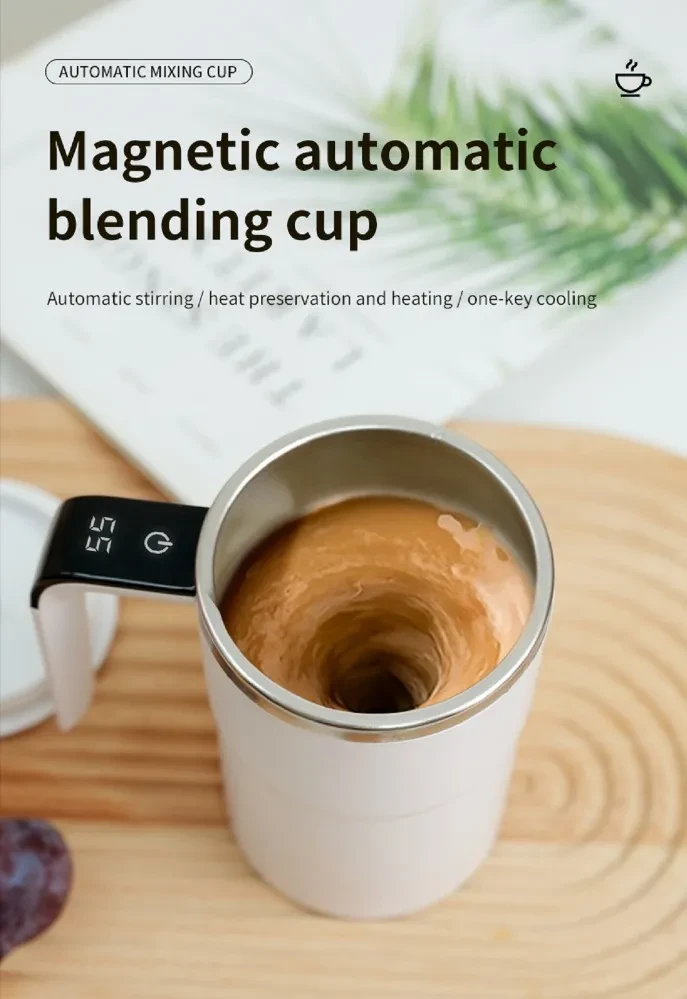 Automatic Coffee Stirring Cup, Stainless Steel Self-Stirring Coffee Cup With Lid, Auto Stir & Heating Feature, LED Intelligent Display Temperature