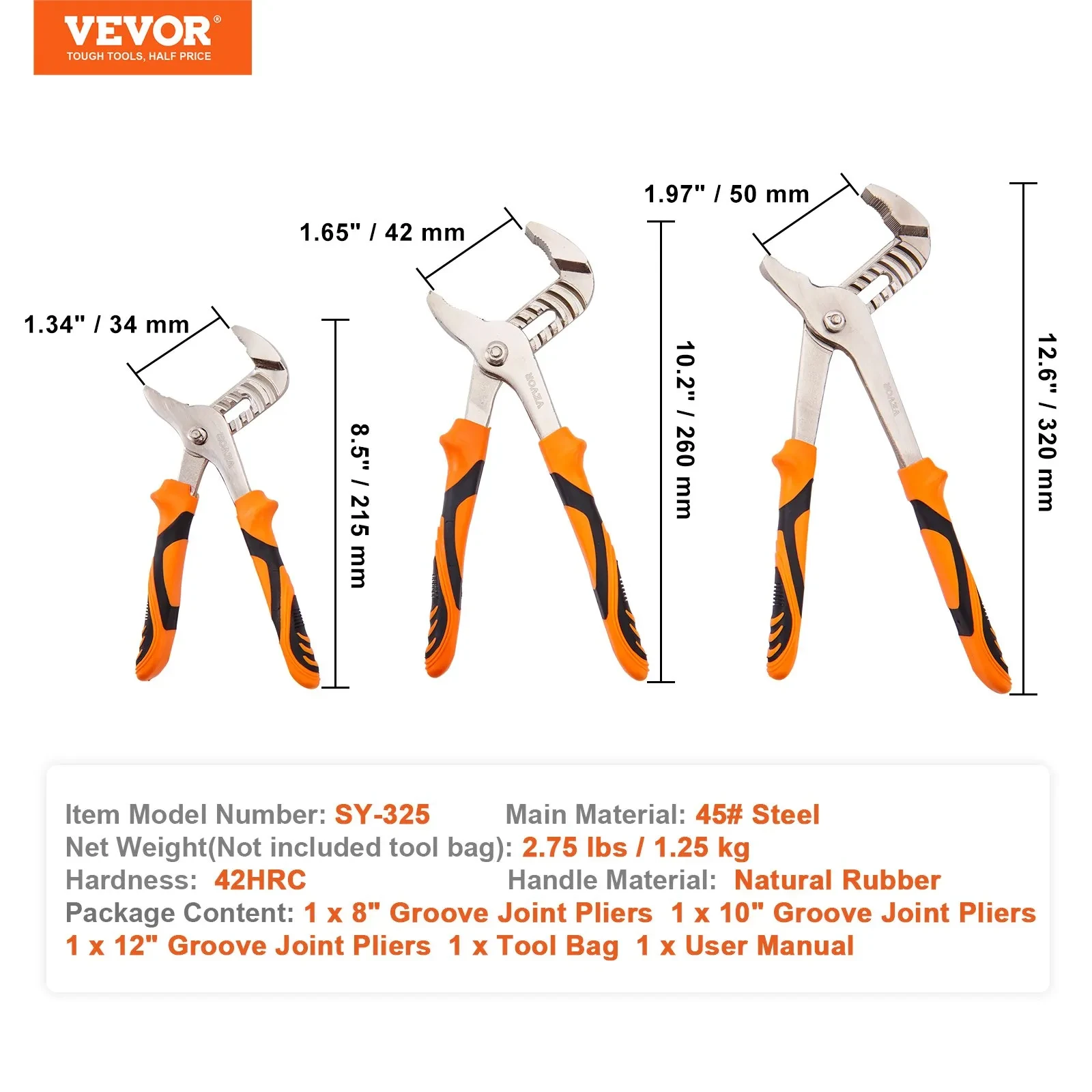 VEVOR 3-Piece Groove Joint Pliers Set, Heat-Treated High Carbon Steel WaterPump Pliers, Button Quick Adjustable Pliers For Home Repair, Gripping, Nuts, Bolts, Pipes, Fittings