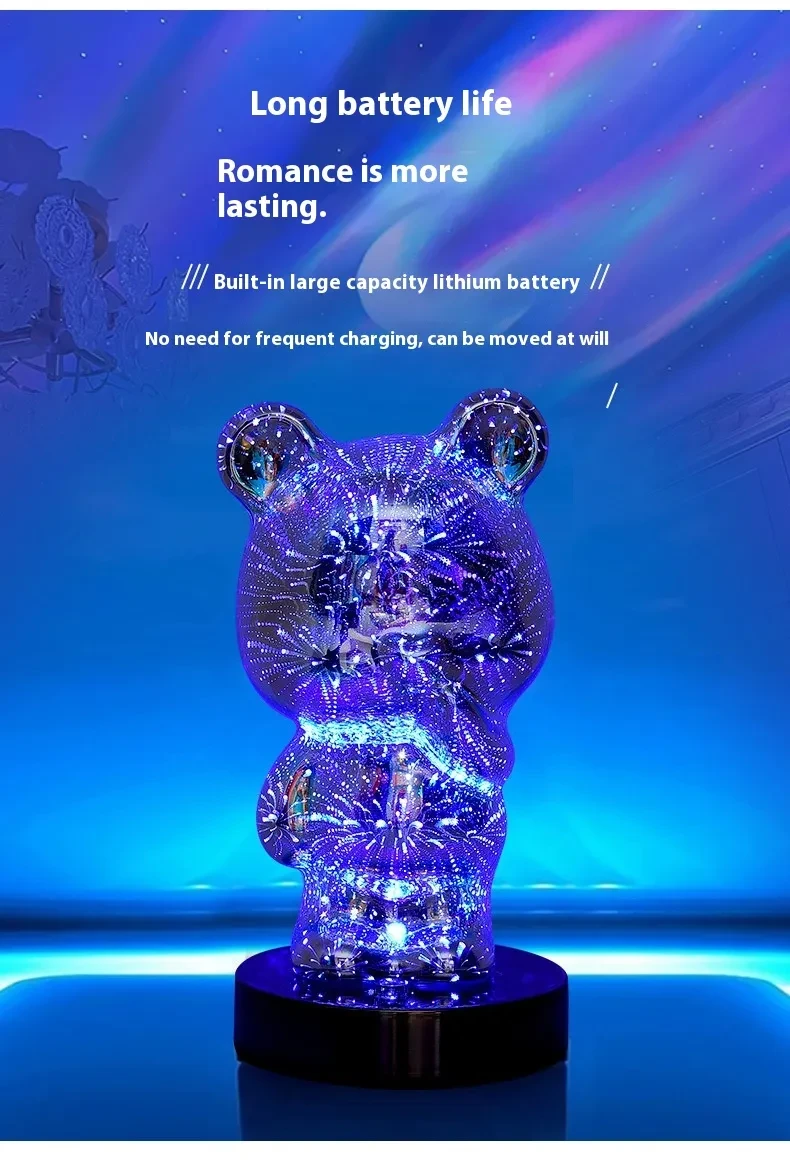 3D Glass Multicolor Fireworks Finger Bear USB Dream Atmosphere Bedside Lamp