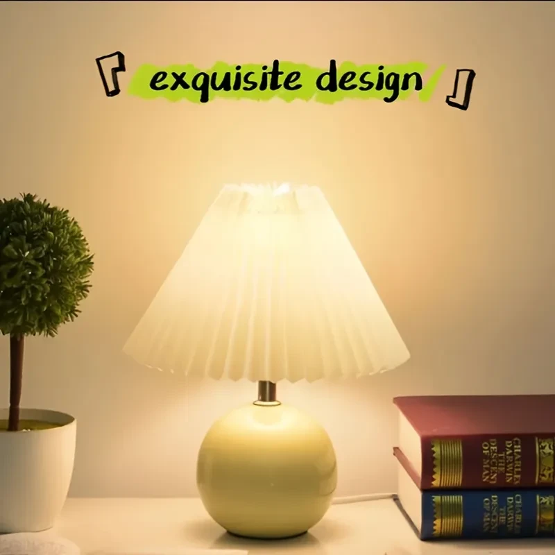 Ceramic Bottom Pleated Table Lamp USB Push Button Switch Bedroom Bedside Decoration Scandinavian Retro Table Lamps